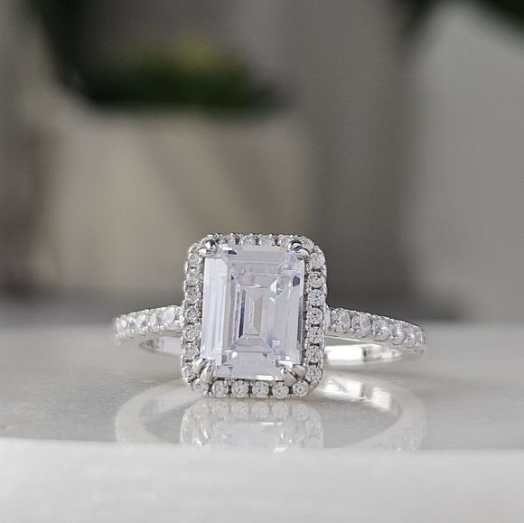 Emerald Cut Halo gemstone ring, 925 Sterling Silver - Picture 2 of 9